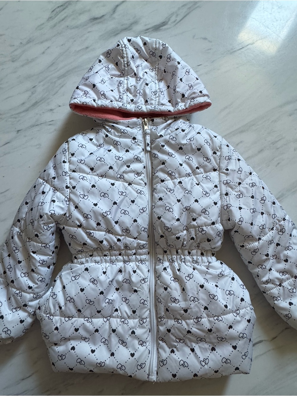 Pink Platinum White Puffer Jacket with Black Heart Print and Pink Hood Lining